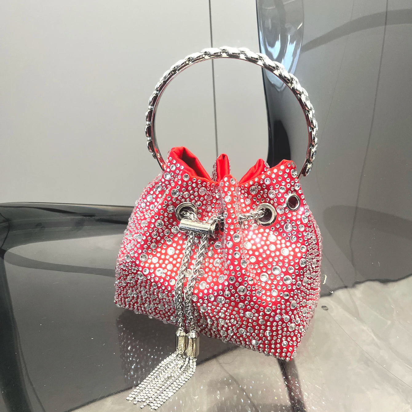 Luxury Designer Rhinestone Evening Clutch | Shiny Crystal Bucket Handbag & Fashion Shoulder Bag Luxegan