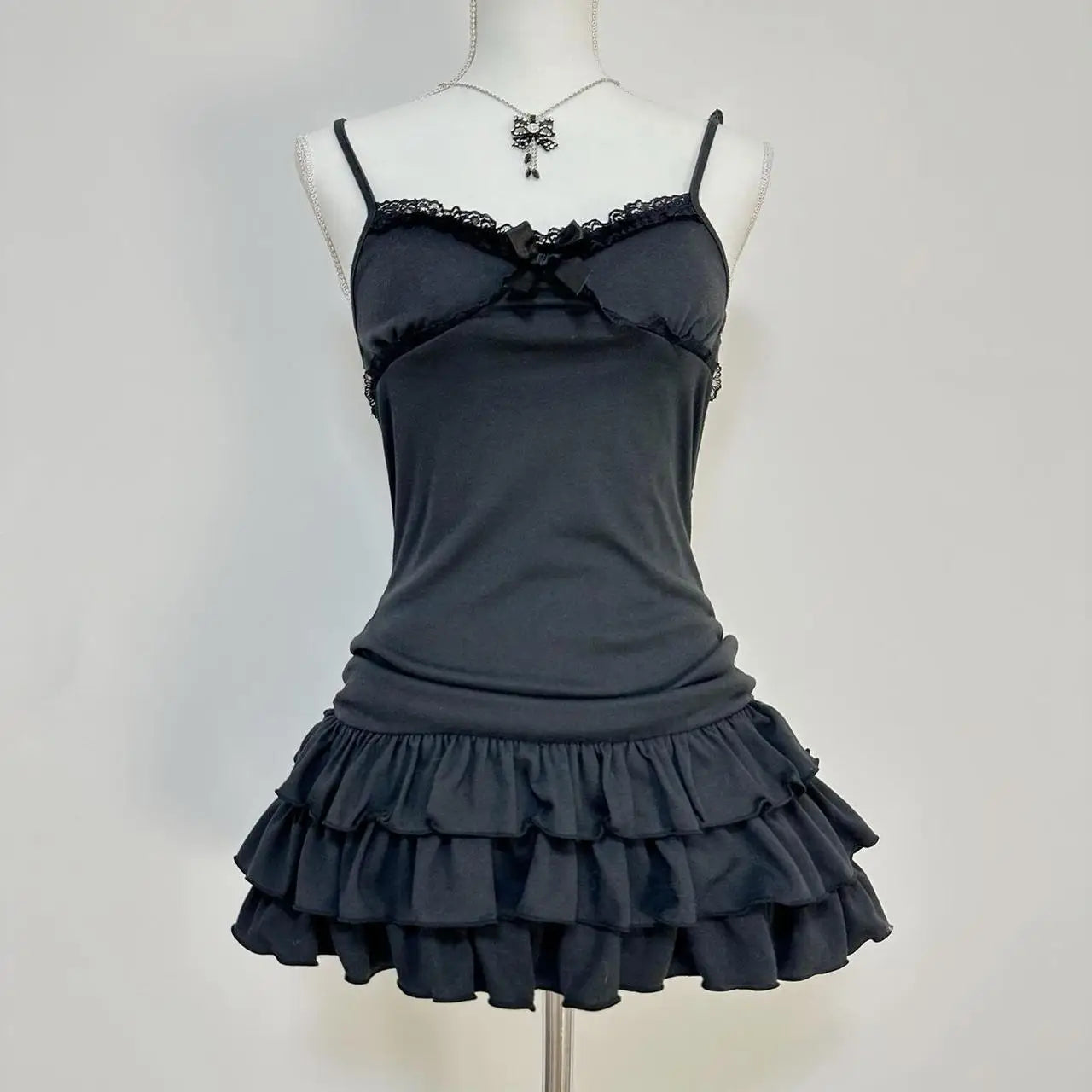 Solid Lace Bow Mini Dress | Sweet Casual Y2K Streetwear Top | Sexy Rock Aesthetic Retro Punk Harajuku Hop Clothing | Premium Knit Slim Fit Knee-Length Sheath Luxegan