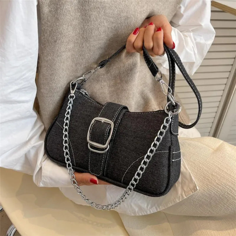 Denim Solid Casual Tote | Soft Chic Sequined Chain Underarm Shoulder Bag Luxegan