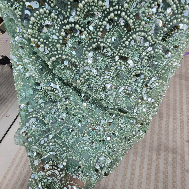 Women's Sage Green High Neck Prom Dress | Sequin Embellished Cap Sleeve Evening Gown | Glamorous Fringed Overlay Cocktail Dress | Premium Silk Knee-Length A-Line Formal Dress Luxegan