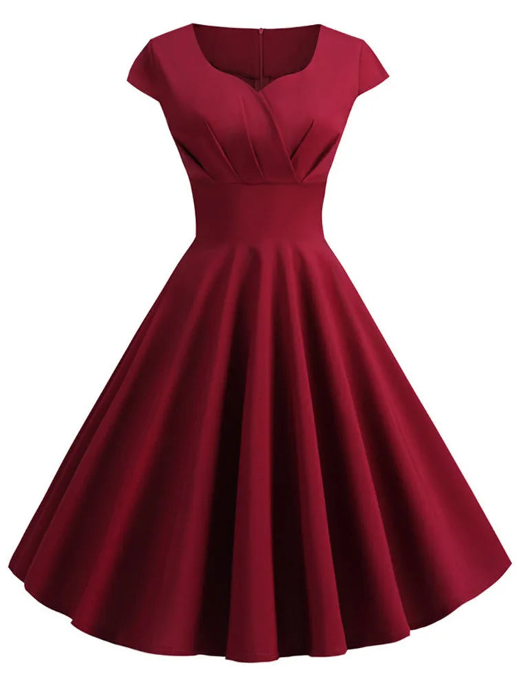 Women's Hepburn Vintage Rockabilly Pin-Up Dress | Elegant Retro Casual Party Midi Dress | Classic V-Neck Short Sleeve Sundress | Premium Tatting Slight Stretch Slim Fit A-Line Vestido Model WQ1307 Luxegan