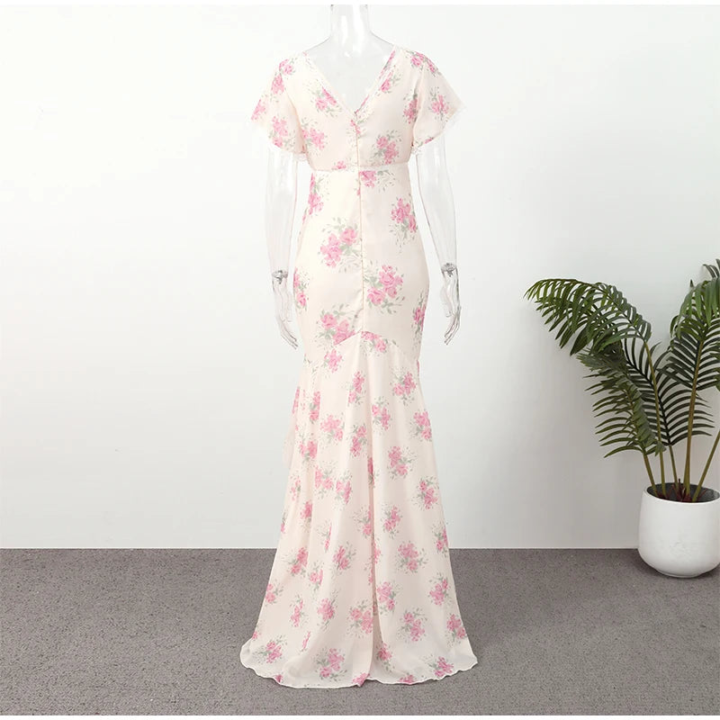 Flutter Sleeves Slim Long Dress Women Casual Pleated Deep V-neck Floral Print High Waist Dresses 2026 Lady Summer Holiday Wear