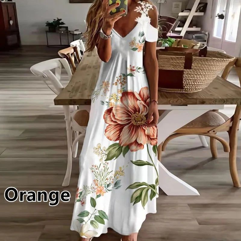 Floral V-Neck Spaghetti Strap Lace Detail Regular Fit A-Line Ankle-Length Dress – Brocade, Medium Stretch, Summer Luxegan