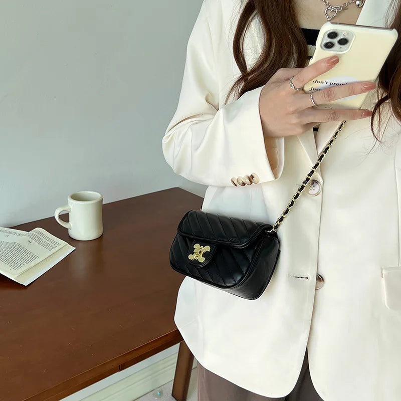 Luxury Designer Shoulder Bag for Women | Fashion Microfiber Leather Crossbody with Adjustable Ball Strap | Striped Square Handbag with Chain & Sequin Accents Luxegan