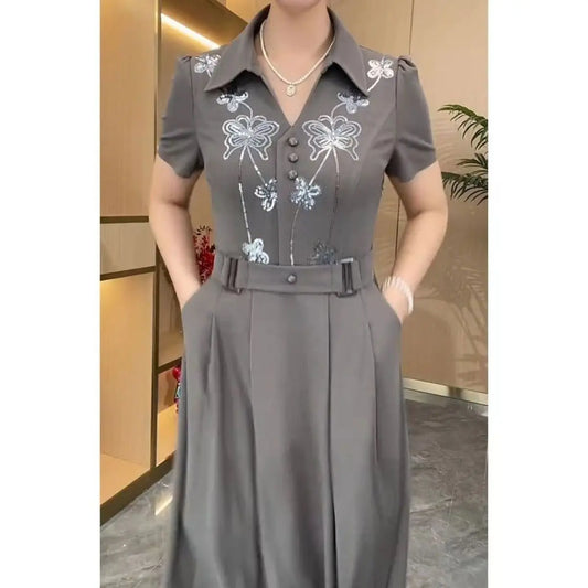 Patchwork Casual Square Neck Short Sleeve Loose Straight Mid-Calf Dress – Cotton and Polyester, Natural Waist, Summer Luxegan