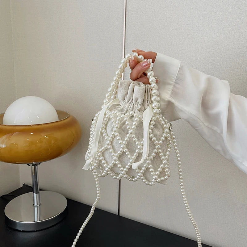 Luxury Pearl Women’s Bucket Tote | Sophisticated Woven Pearl Crossbody Bag | Elegant Small Wallet Handbag | Fashion-Forward "Dignified" Drawstring Purse with Bow Decoration Luxegan