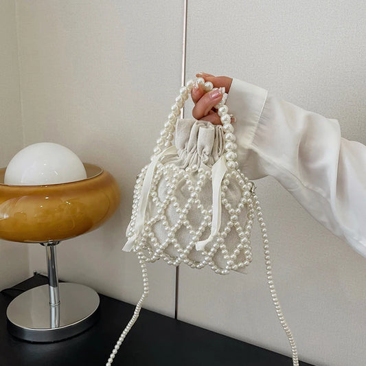Luxury Pearl Women’s Bucket Tote | Sophisticated Woven Pearl Crossbody Bag | Elegant Small Wallet Handbag | Fashion-Forward "Dignified" Drawstring Purse with Bow Decoration Luxegan