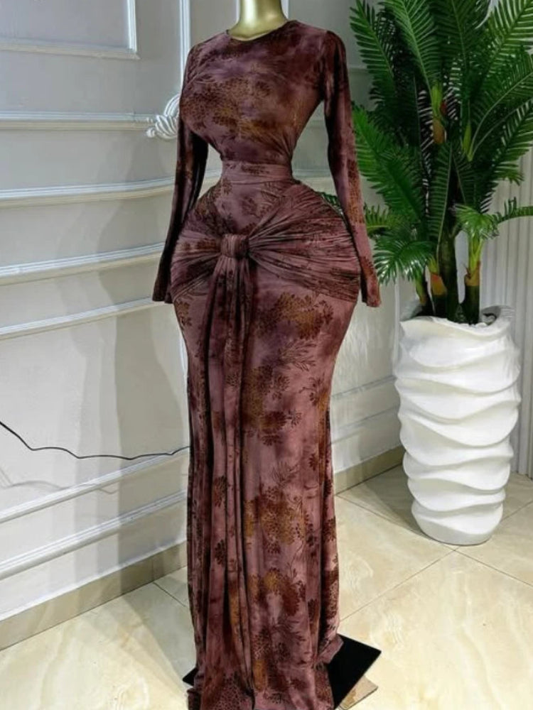 Ruched Print Mermaid Maxi Dress – Crew Neck, Long Sleeve, Empire Waist, Autumn/Winter Luxegan