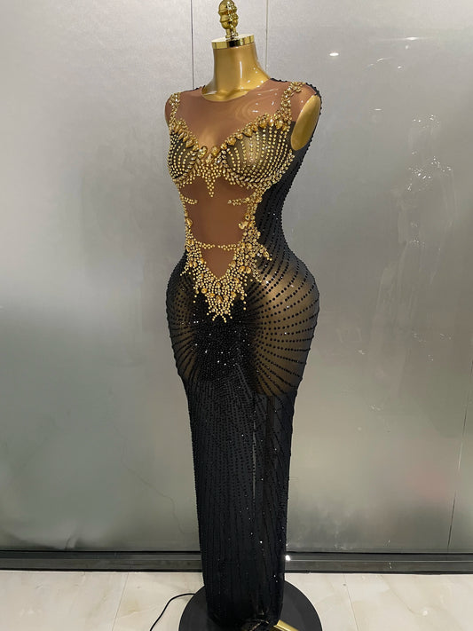 Vestido largo sin mangas con pedrería brillante sexy 2025, nuevo para mujer, para cumpleaños, celebración, sesión de fotos nocturna, disfraz para espectáculo teatral