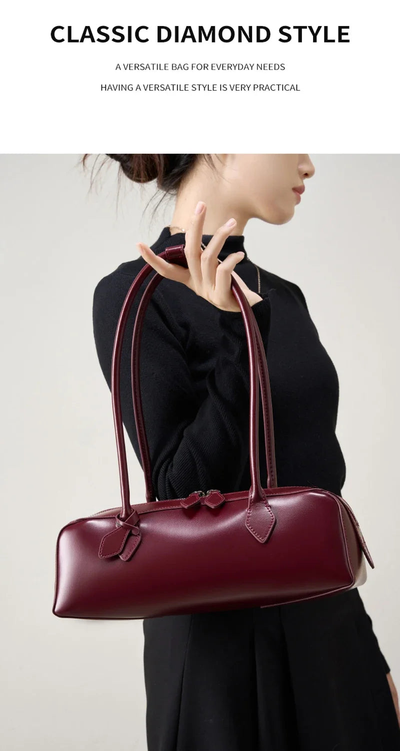 New Genuine Leather Women's Shoulder Bag | Large Capacity Cowhide Luxury Handbag (Long Strip Wine Red Baguette Bag) Luxegan