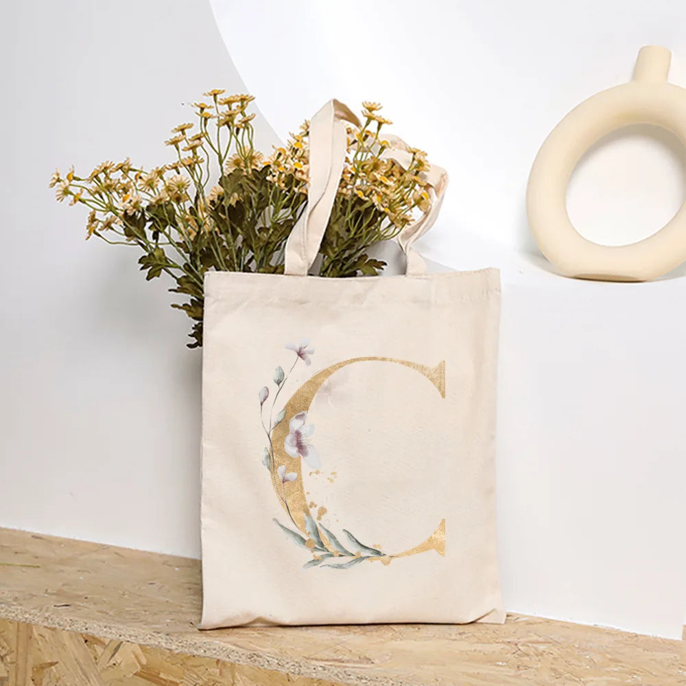 Leaves Plant Initial Print Canvas Tote Bag | Reusable Summer Beach & Shopping Handbag with Hasp Closure Luxegan