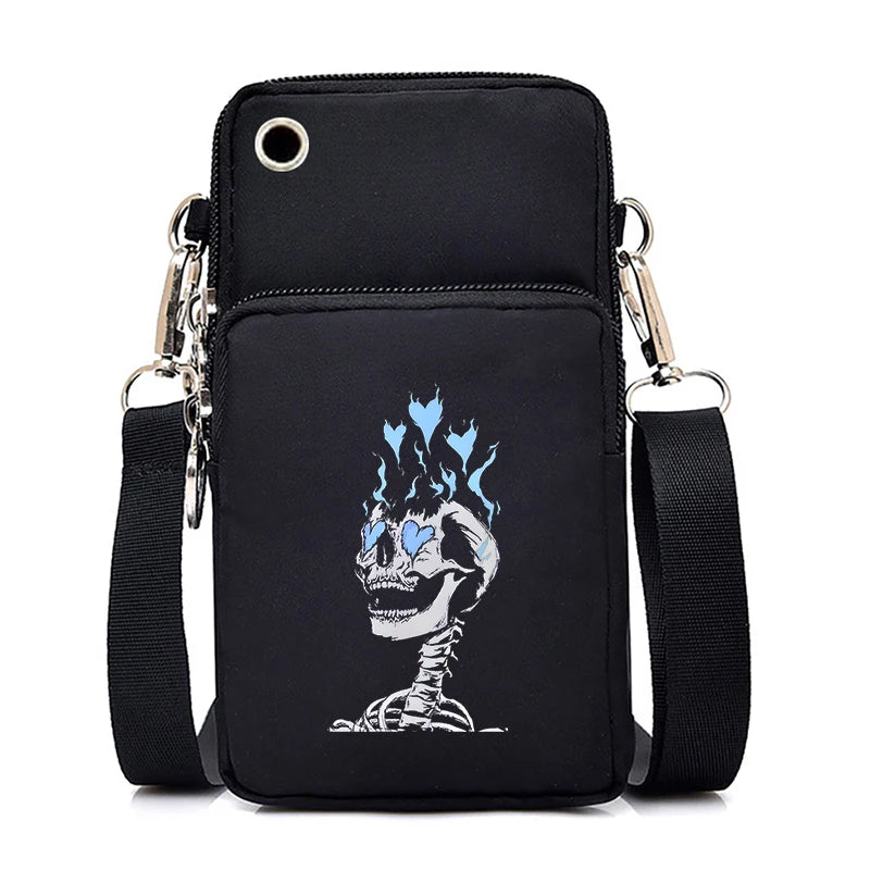 "Dead Inside But Love Cats" Shoulder Bag | Sophisticated Funny Vintage Skeleton Purse | Elegant Cartoon-Print Mobile Phone Bag | "Dignified" Soft Nylon Mini-Handbag for Versatile Casual Styling Luxegan