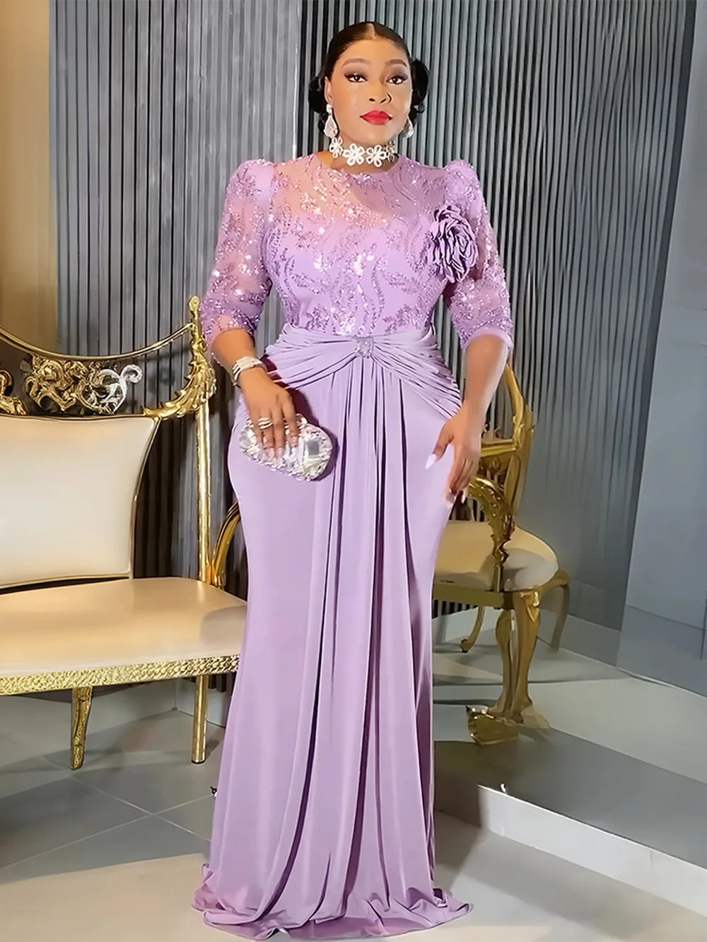 Sequins Long Sleeve Chiffon Dresses Elegant Women Party Prom Birthday Evening Maxi Robes African Dashiki Clothing Turkey Kaftans