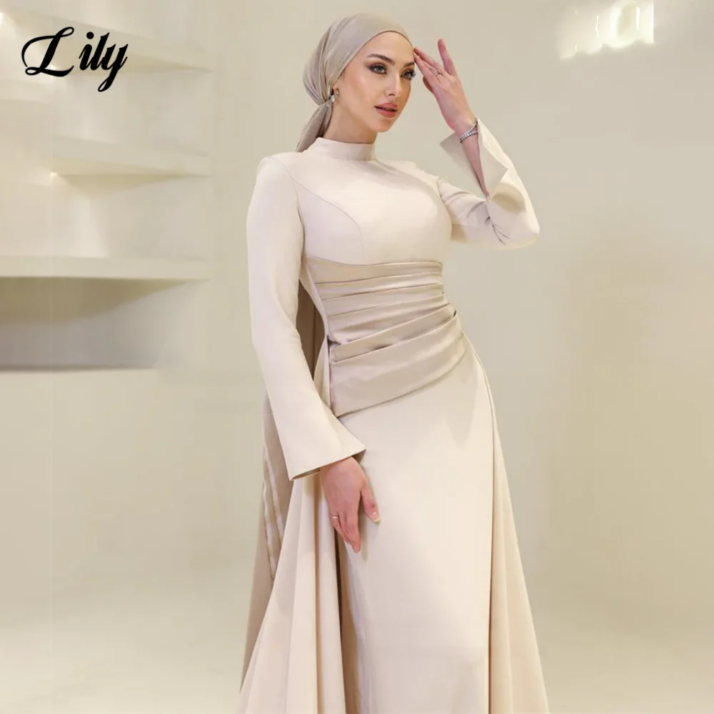 Lily Burgundy Elegant Prom Dresses High-Neck Long Sleeves Mermaid Evening Dresses Satin Muslim Formal Gowns Dubai  Customized