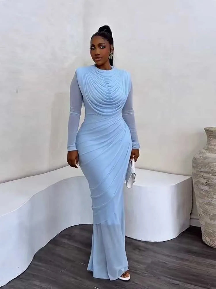 Solid Round Neck Long Sleeve Draped Detail Regular Fit Sheath Ankle-Length Mesh Dress – Natural Waist, Spring/Summer Luxegan