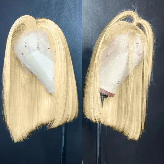613 Blonde Bone Straight Short Bob Lace Front Wig | 13x4 Transparent Swiss Lace Frontal Wig | 100% Brazilian Remy Human Hair Platinum Blonde Straight Frontal Wig for Women (Short 4-16 Inch) Luxegan