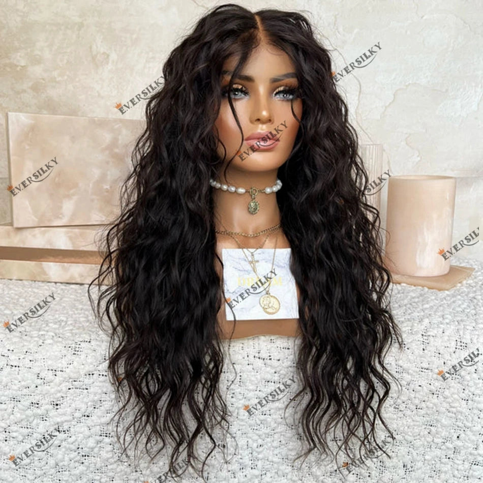 Peluca con Cierre de Encaje 5x5 de Cabello Humano Negro de Onda Natural, Cabello Indio Virgen, para Mujeres Negras, Densidad 200, Peluca Frontal de Encaje con Raya Profunda 13x6