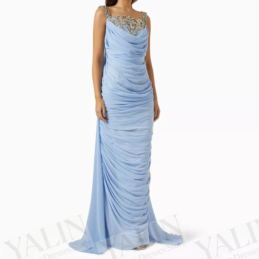 Crystal Draped Mermaid Evening Dress | Spaghetti Strap Sleeveless Floor-Length Prom Gown Luxegan