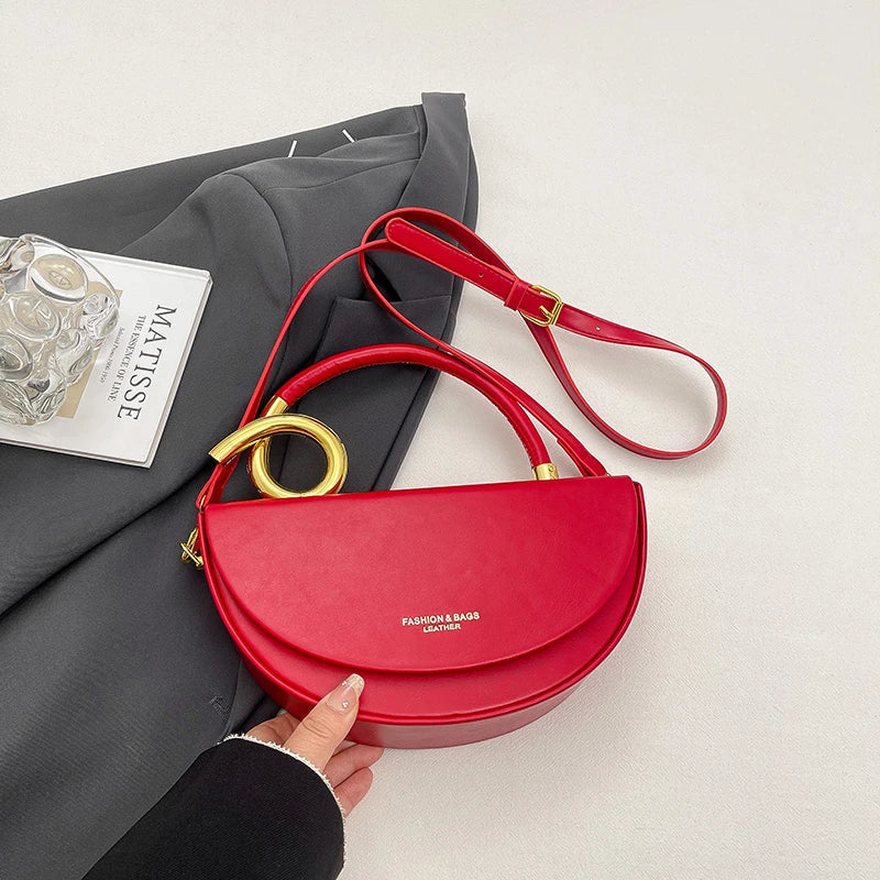 Designer Semicircle Saddle Crossbody | Small Hard PU Leather Handbag Luxegan