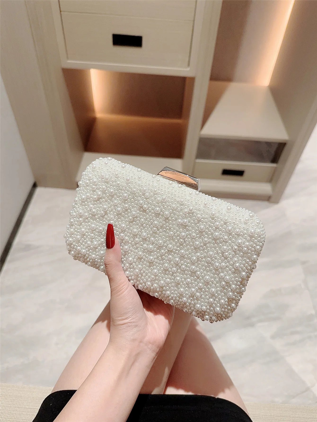 New Pearl Square Box Evening Bag | Sophisticated Beaded Clutch & Chain Bag | Elegant Banquet & Wedding Dress Bag | Luxury Minaudière Handbag for Formal Occasions Luxegan