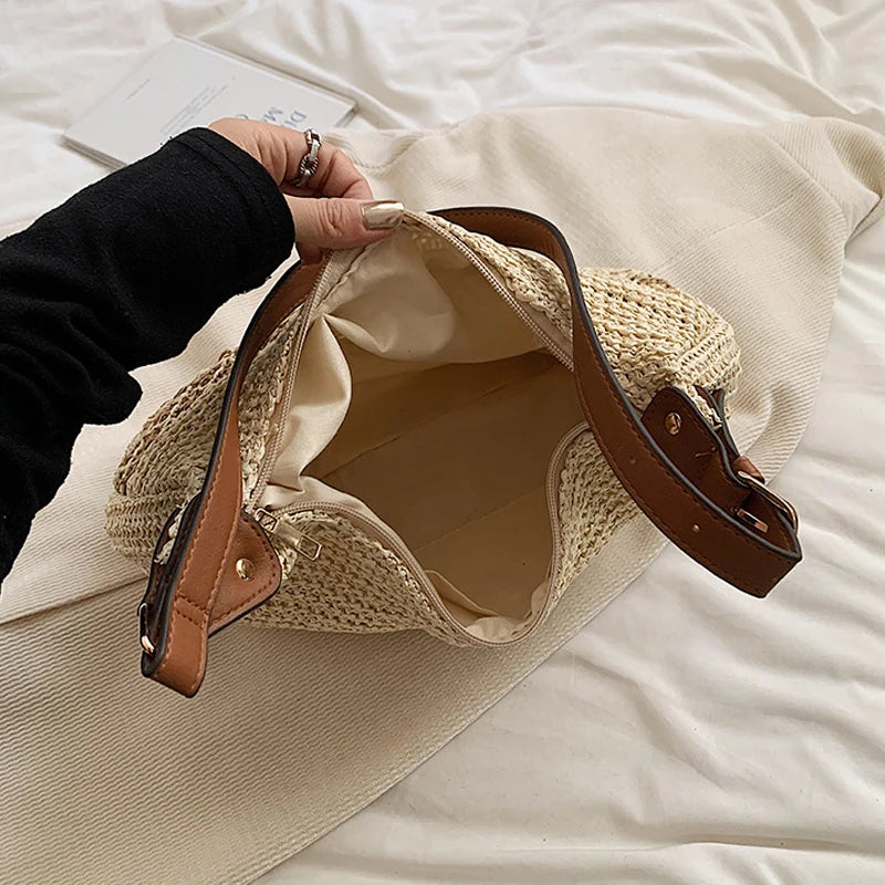 Large Capacity Summer Straw Weaving Shoulder Bag | Women's Handmade Crochet Beach Handbag & Woven Hollow Out Underarm Knitting Bag Luxegan