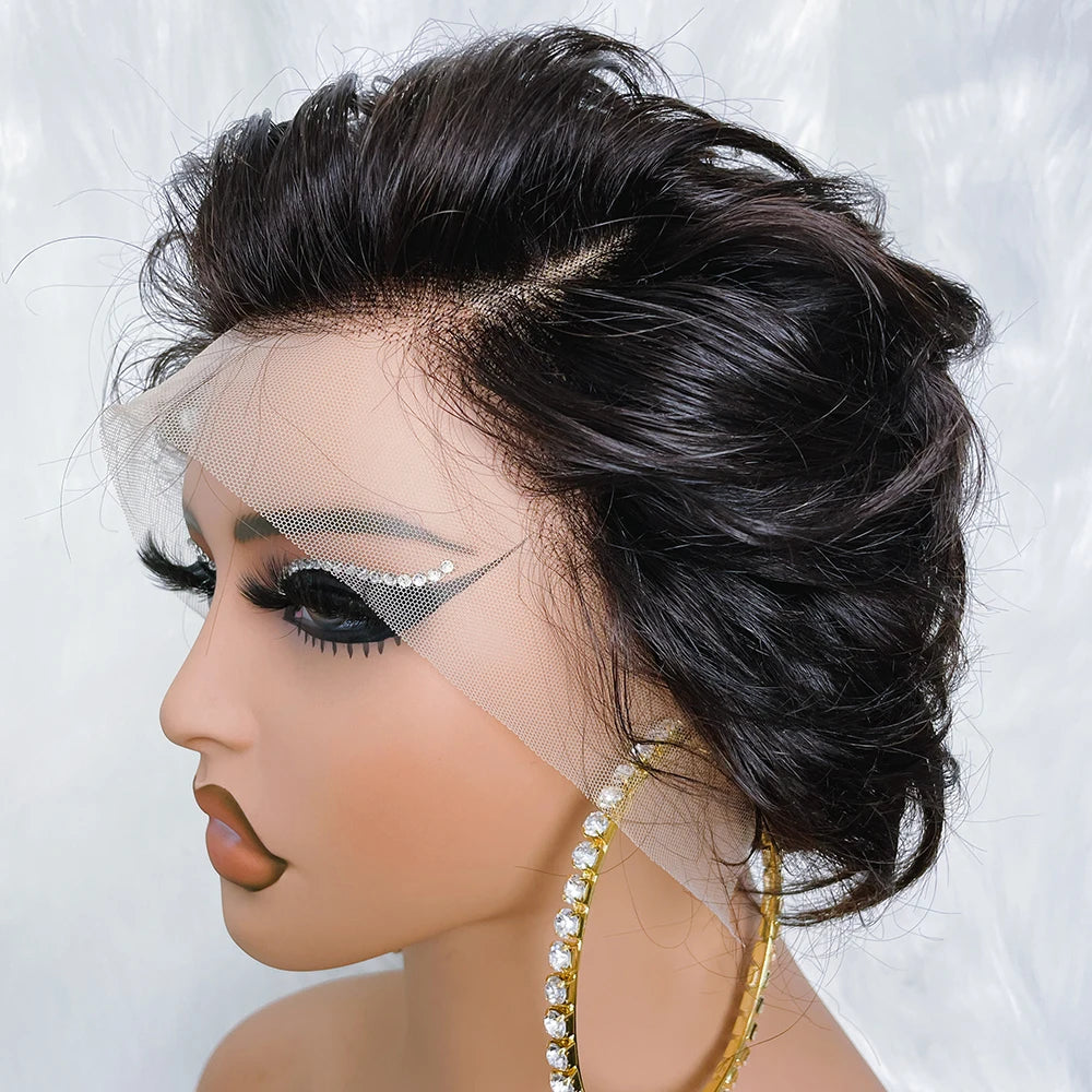 Short 8-Inch Curly Wave Lace Front Wig | 13x4 Transparent Swiss Lace Frontal Wig | 100% Brazilian Remy Human Hair Pre-Plucked Glueless Curly Bob for Women (Natural Color) Luxegan