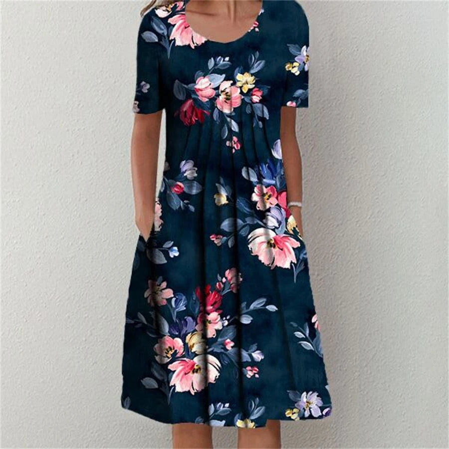 Print O-Neck Short Sleeve Regular Fit A-Line Knee-Length Dress – Non-Stretch Polyester, All Season Luxegan