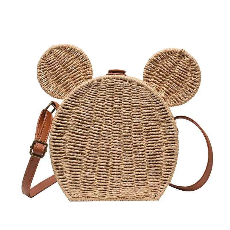 Disney Ladies Designer Straw Fancy Bag | Cute Mickey Mouse Rattan Travel Beach Shoulder Bag | Small Round Vacation Handbag
