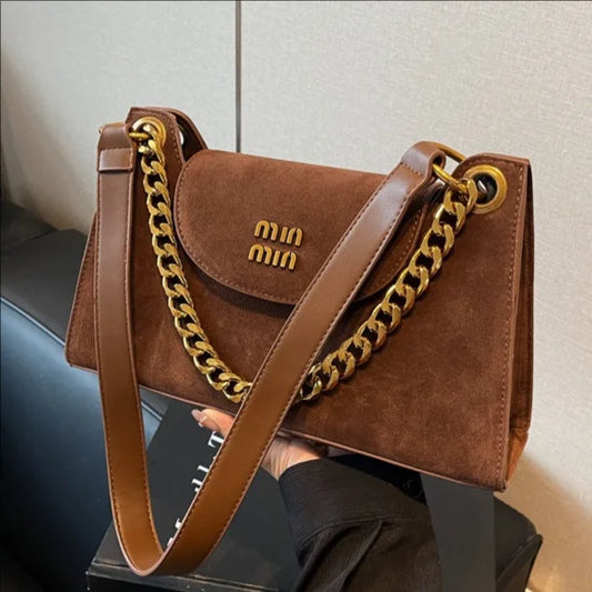 Classic Handbag Letter Design Shoulder Bag with Metallic Chain | Square Bag, Women's Suede Messenger & Winter Wedding Bag Luxegan