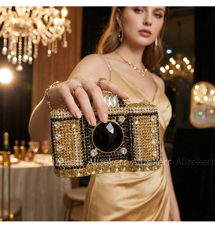 Camera-Shaped Boutique Evening Clutch | Sophisticated Novelty Metallic Rhinestone Purse | Elegant Diamond-Encrusted Bridal Handbag | "Dignified" Hard-Shell Dress Bag for Versatile Party Styling Luxegan