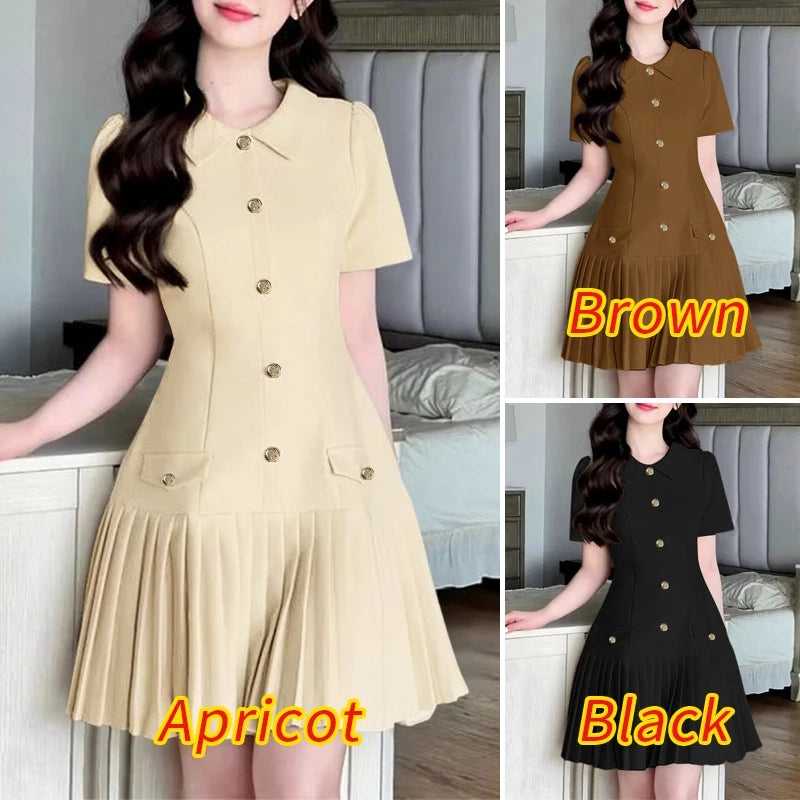 Pleated Lapel Mini Dress | Short Sleeve Button-Trim Work & Casual Sundress Luxegan