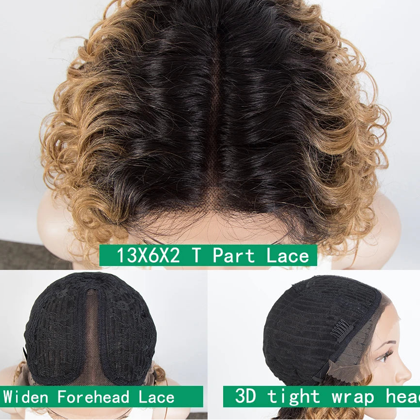 Brazilian Highlight Deep Wave Curly Bob Wig | 13x4 Transparent Swiss Lace Frontal Wig | 180% Density Peruvian Virgin Human Hair Pre-Plucked Curly Bob (14 Inch, Multi-Tonal Caramel Highlights) Luxegan