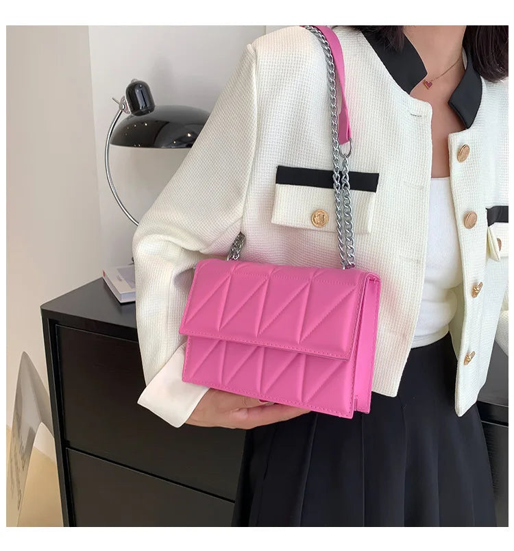 Embroidery Plaid Chain Flap Bag | Sophisticated Solid-Color Shoulder Handbag | Elegant Casual Crossbody Purse | "Dignified" Hard Square Bag for Versatile Daily Styling Luxegan
