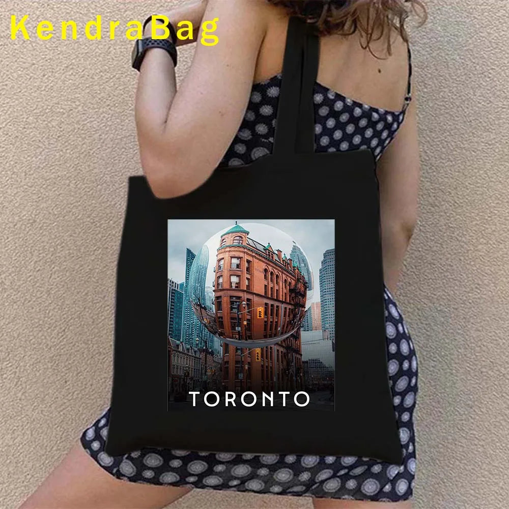 Canadian City Landscape Cotton Canvas Tote Bag | Happy Canada Day Tourist Gift | Reusable Eco-Friendly Shoulder Handbag (Women) Luxegan