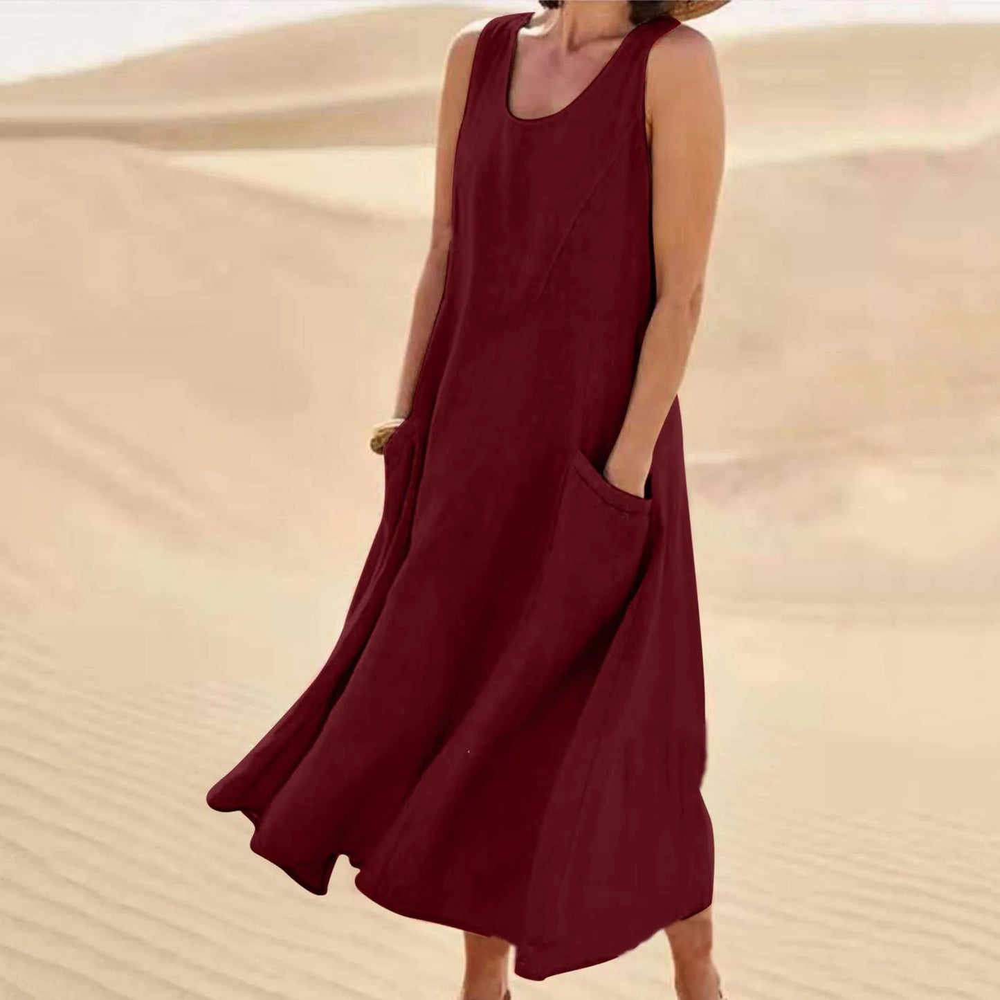Women's Casual Cotton Linen Sundress | Summer Sleeveless Loose Sand Beachwear Maxi Dress | Elegant Double Big Pocket Oversized Long Dress | Premium High Stretch Regular Fit O-Neck Vestido Model LRFZ-818 Luxegan