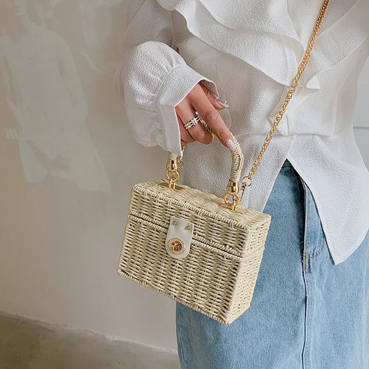 Rattan Straw Shoulder Bag | Women's Boho Hand-Woven Basket Messenger Pouch & Summer Beach Top-Handle Handbag Luxegan