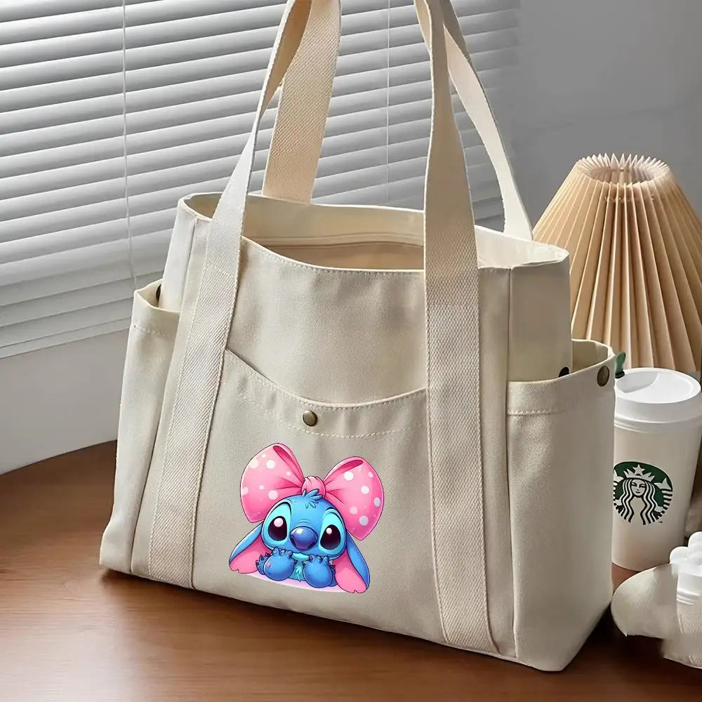 Lilo & Stitch Large Canvas Tote Bag | College Style Commuter & Student Shoulder Bag | Cartoon Shopping Handbag (Unisex) Luxegan
