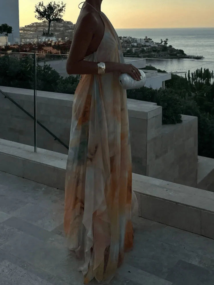 Printed Halter Neck Loose Maxi Dress – Backless, A-Line, Bohemian, All Season Luxegan