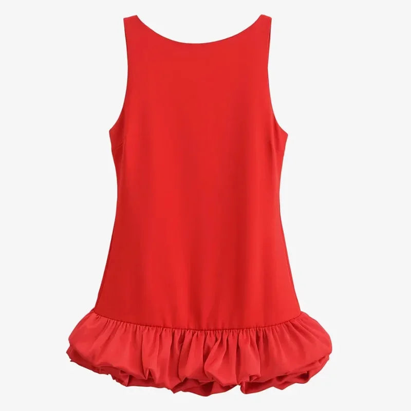 Solid O-Neck Off-the-Shoulder Sleeveless Backless Slim Fit Ball Gown Mini Dress – Slight Stretch Polyester, Natural Waist, All Season Luxegan