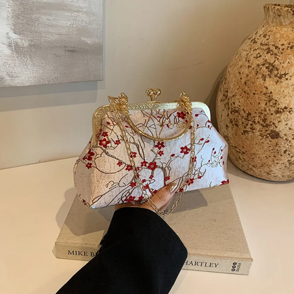 Fashion Silk Chinese Style Handbag | Retro Embroidery Shell Bag | Elegant Minaudière Shoulder & Crossbody Bag | Traditional Artisan Single-Strap Ladies' Purse Luxegan