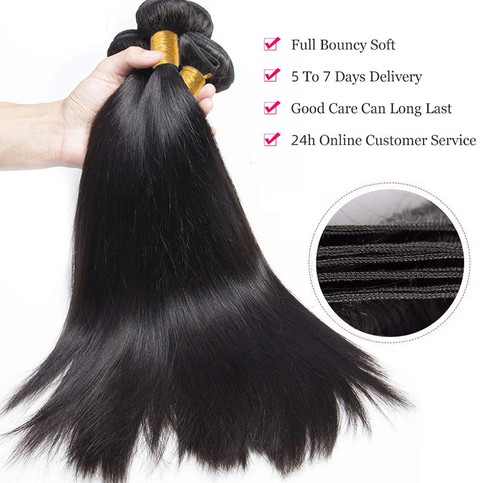 Peruvian Straight Virgin Human Hair Bundles with 13x4 Lace Frontal | 30-Inch Long Straight Bundles with Ear-to-Ear Swiss Lace Closure | Premium 4-Piece Hand-Tied Hair Weaving Multipack Luxegan
