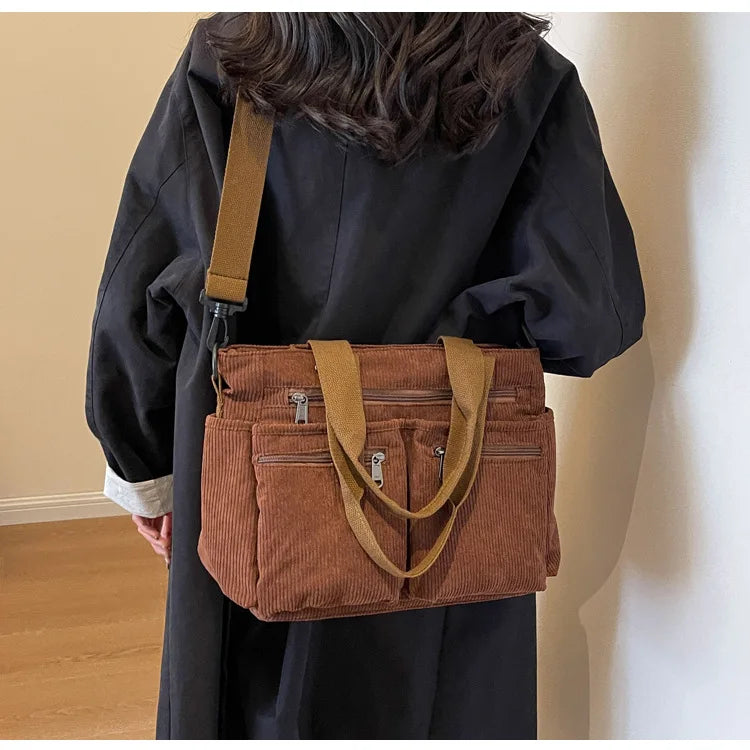 Female Large Capacity Corduroy Tote Bag | New Korean Style Fashion Women's Shoulder Crossbody Bag (Worker Commuter Handlebag)
