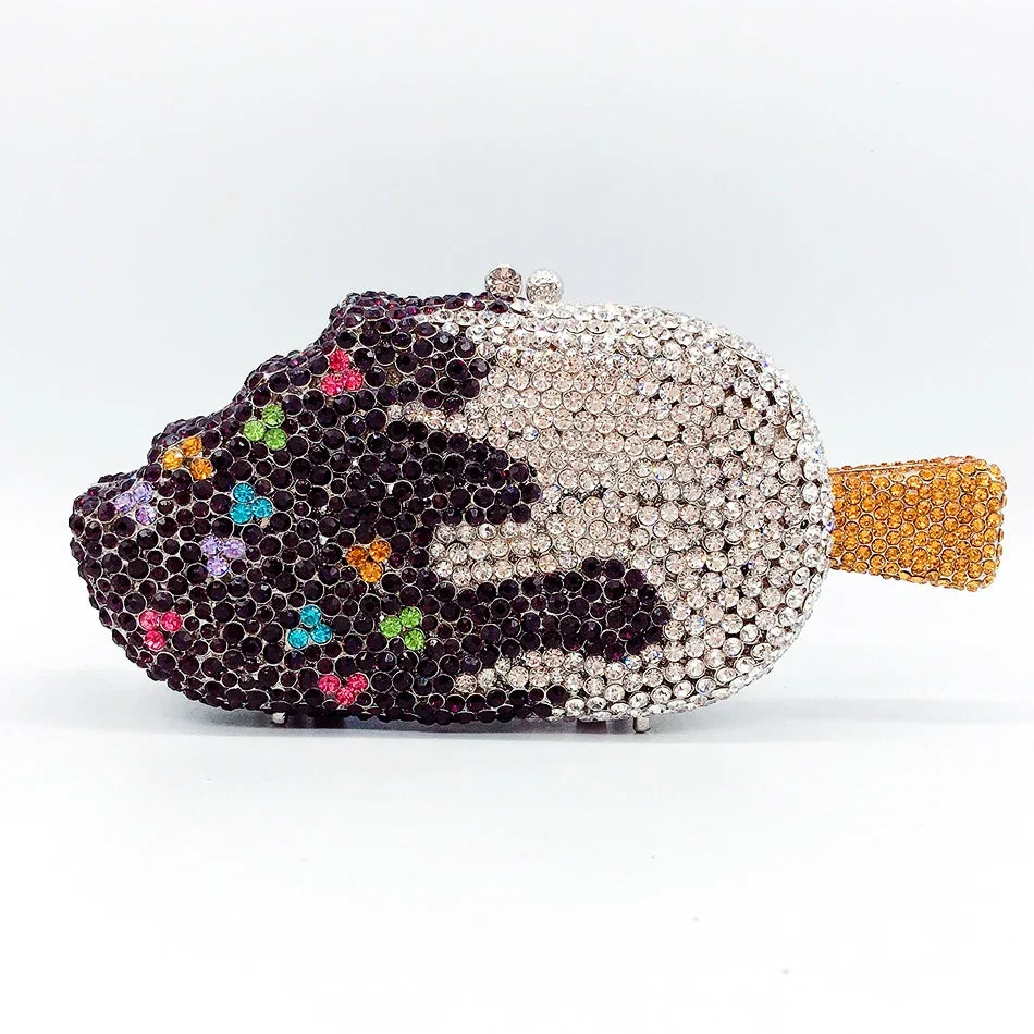 Luxury Ice Cream Diamond Evening Clutch | Sophisticated Novelty Kawaii Rhinestone Purse | Elegant High-Quality Metallic Mini Bag | "Dignified" Structured Minaudière for Party & Boutique Glamour Luxegan
