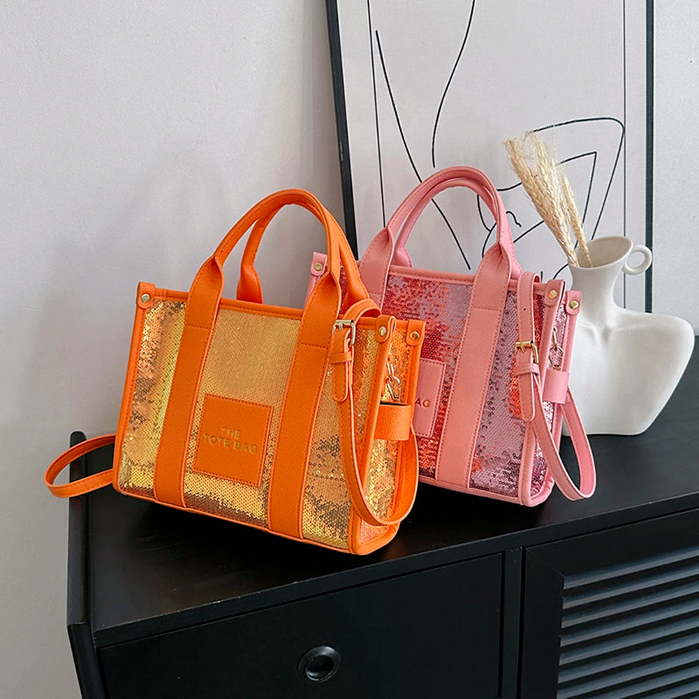 Women’s Shiny Sequin Shoulder Bag | Fashionable PU Leather Top-Handle Tote | Casual Portable Shopper with Adjustable Straps Luxegan