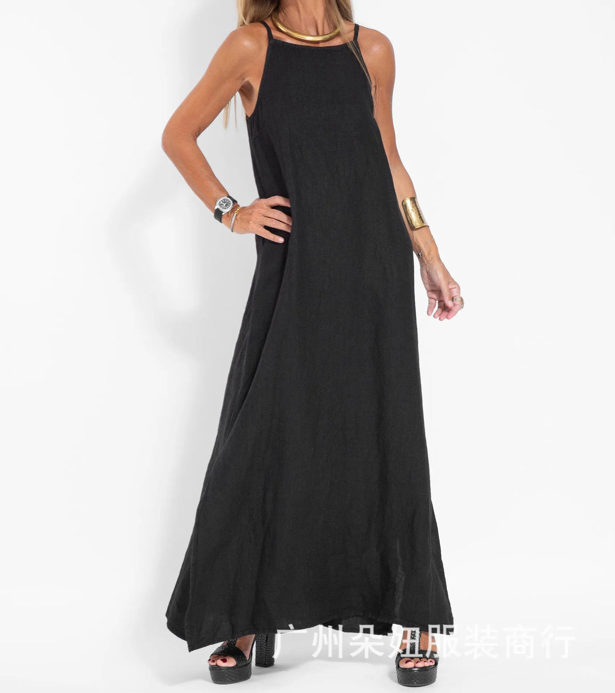 Solid Round Neck Sleeveless Loose Fit Ankle-Length Broadcloth Dress – Empire Waist, Summer Luxegan