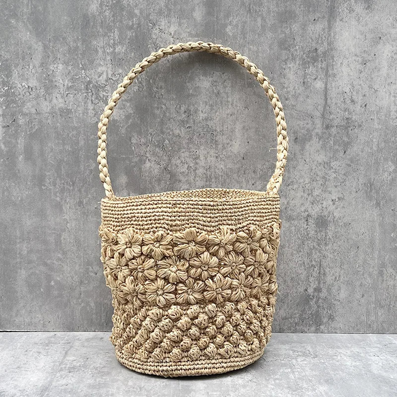 Bohemian Raffia Beach Bags for Women Bucket Bag Luxury Flower Straw Bag | Women Handbag Handmade Travel Rattan Shoulder Bags Tote Luxegan