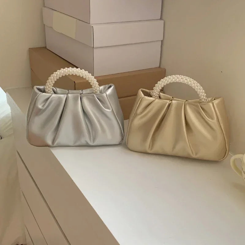 Fashion Pearl-Handle Dinner Clutch | Sophisticated Luxury Design Handbag | Elegant Ladies Square Shoulder Bag | "Dignified" Soft Small Messenger for Versatile Evening Styling Luxegan