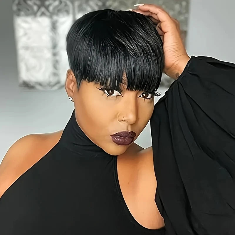 Pixie Cut Wig for Black Women – Straight Remy Human Hair | Short 6in | Bangs | Machine Made - view 2
