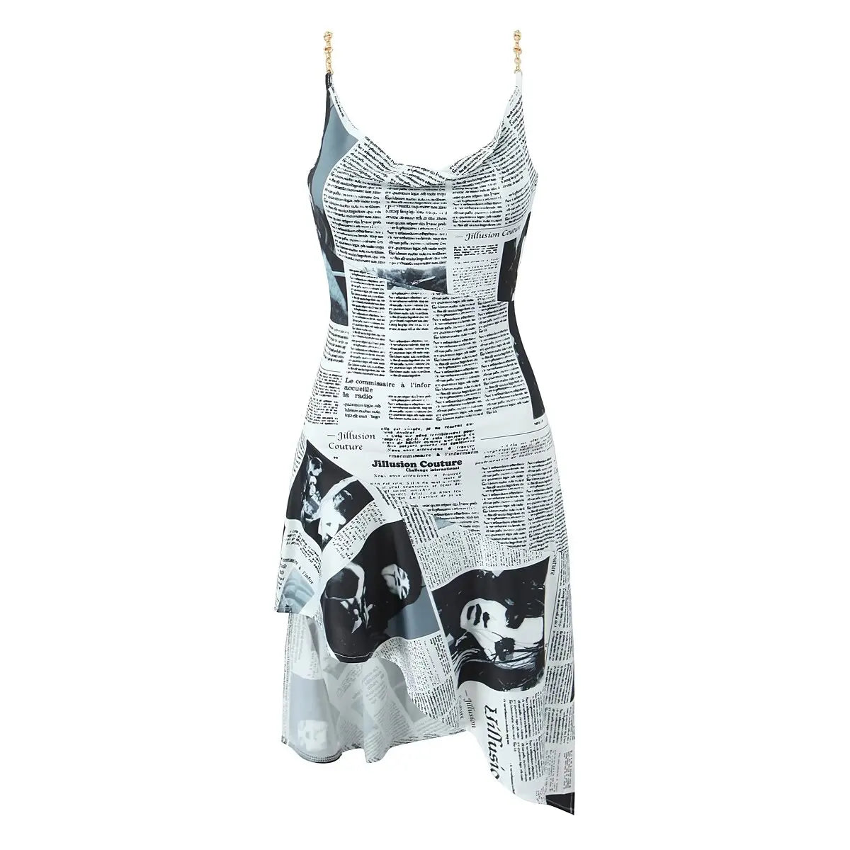 Letter Print Club Spaghetti Strap Sleeveless Regular Fit Asymmetrical Mini Dress – Polyester and Elastane, Natural Waist, Summer Luxegan