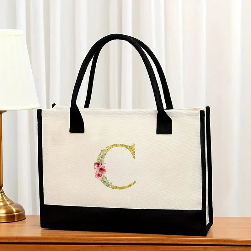 Canvas Gold Letter Fashion Tote Bag | Trendy Metallic Initial Handbag | Large Capacity Canvas Shopping Bag & Daily Satchel for Women Luxegan